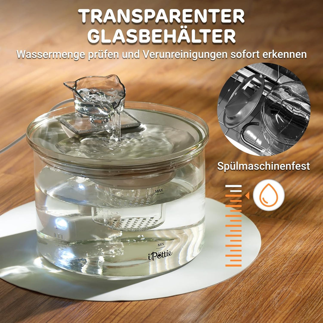 iPettie G01 Glas Katzenbrunnen, Trinkbrunnen für Katzen und Hunde 2L/68oz mit 2 Sprühaufsätzen, 3-st