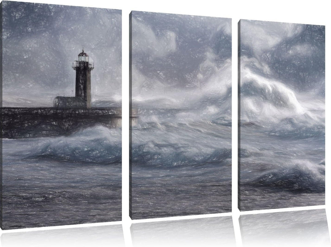 Pixxprint Sturmwellen Leuchtturm Portugal Kunst Buntstift Effekt 3-Teiler Leinwandbild 120x80 Bild a