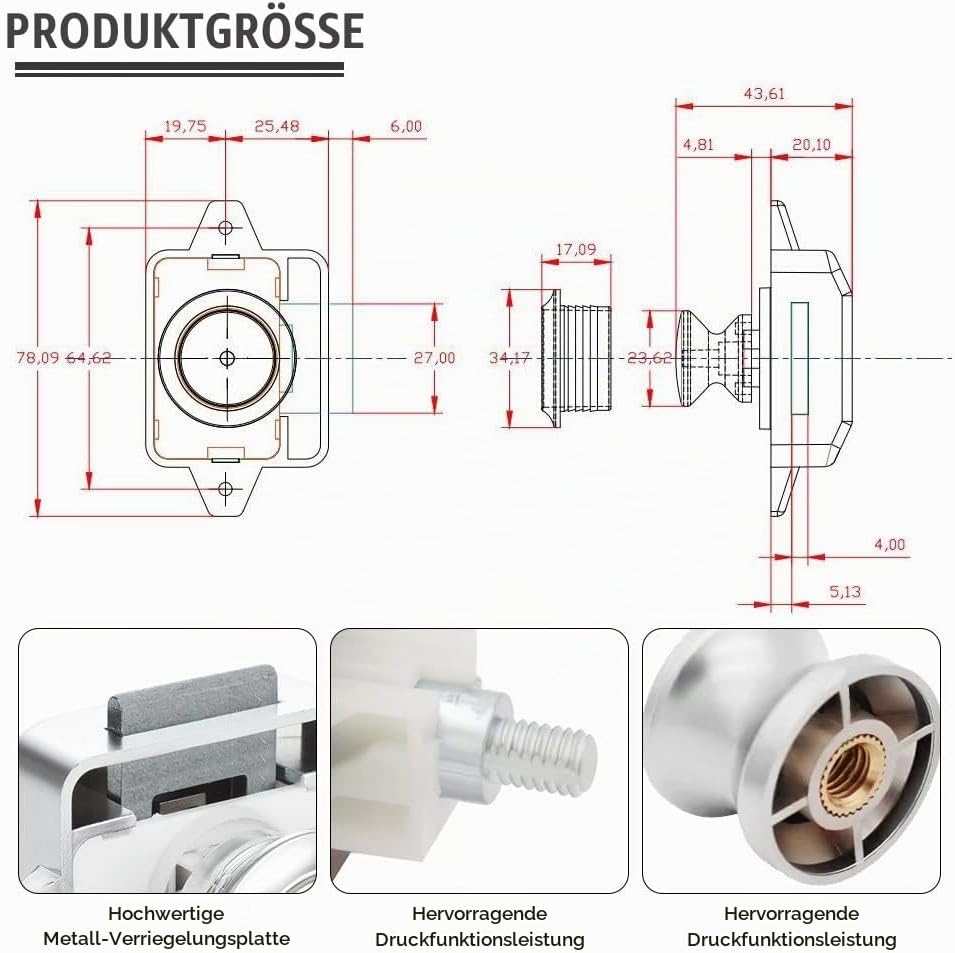 10 Stück Push Button Catch Door Lock Türknauf Verriegelung Druckknopfverriegelung passend für 15-18