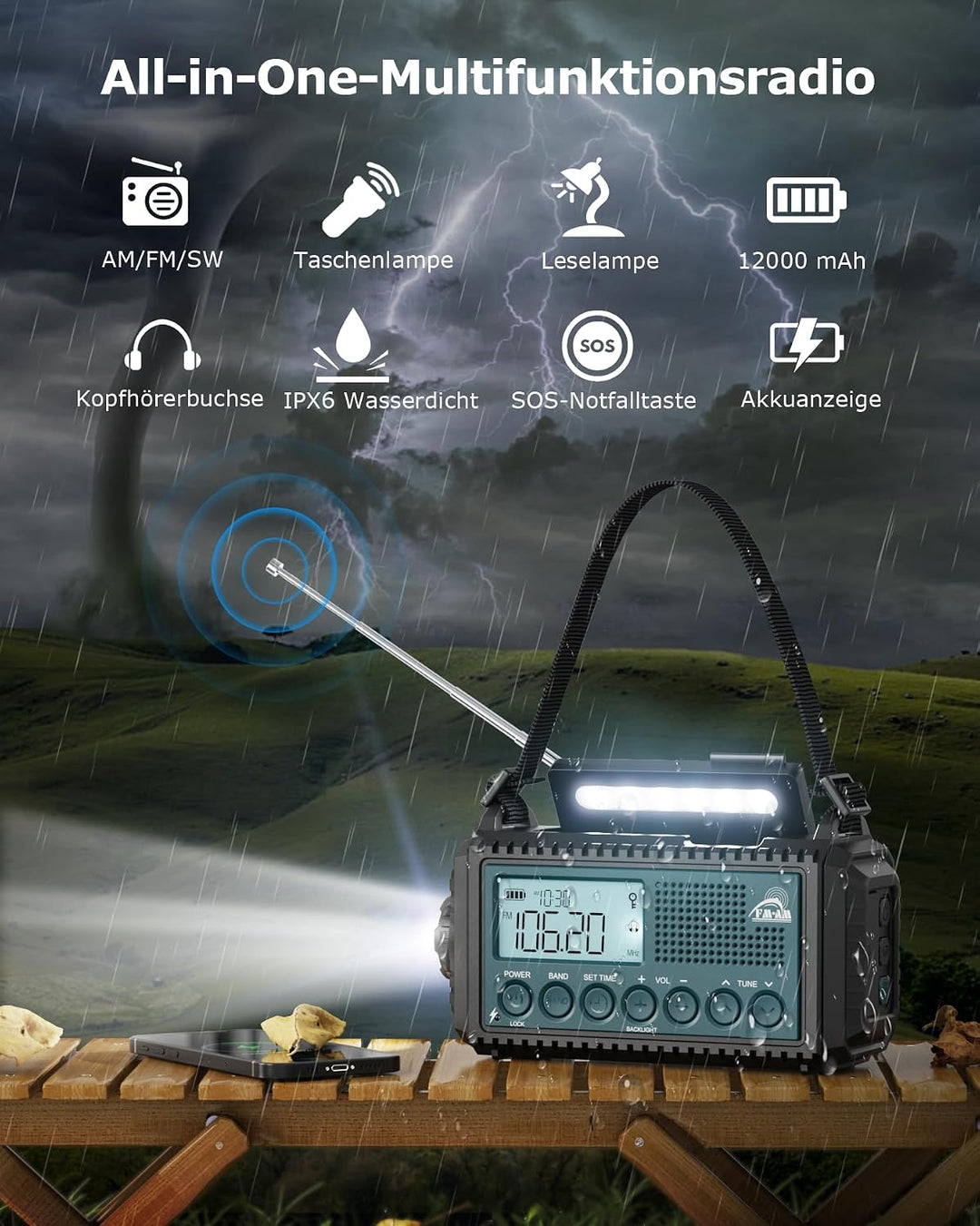 Roxicosly Kurbelradio, Notfallradio mit 12000 mAh Power Bank, AM/FM/SW Baustellenradio, Kurbel &amp; 5-W
