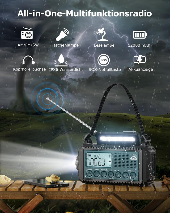Roxicosly Kurbelradio, Notfallradio mit 12000 mAh Power Bank, AM/FM/SW Baustellenradio, Kurbel &amp; 5-W