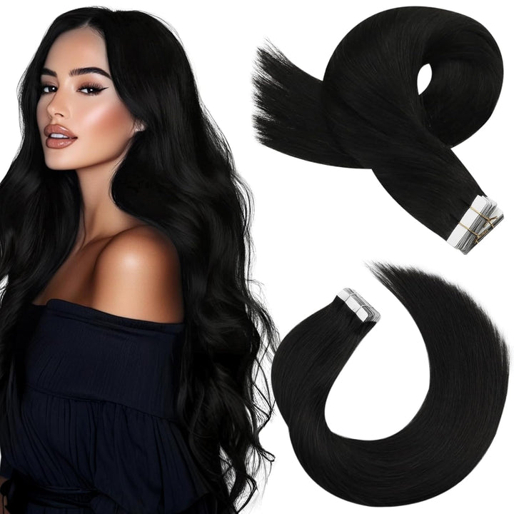 Moresoo Tape in Extensions Echthaar 55 cm Haarverlängerung Echthaar Tapes Natürliches Schwarz Invisi