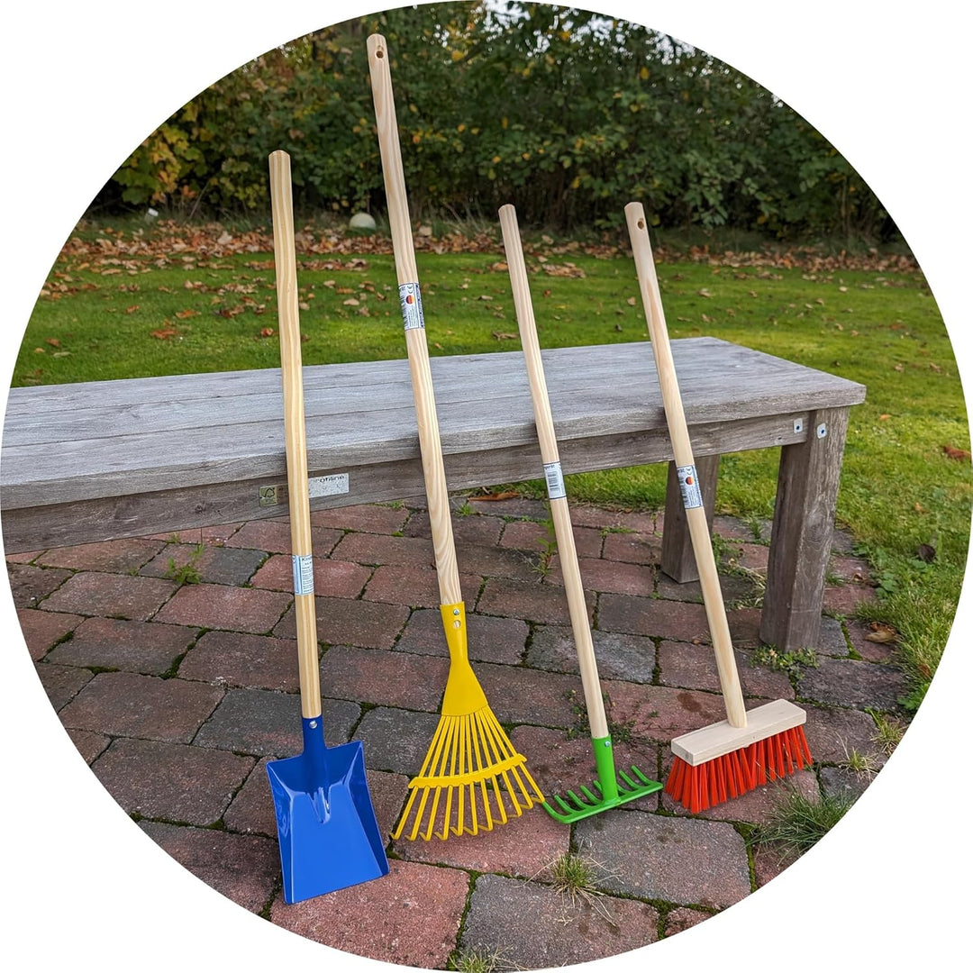 Land-Haus-Shop Kinder Gartengeräte Set 4 TLG, Besen Harke Rechen Schüppe Garten Geräte Spielzeug