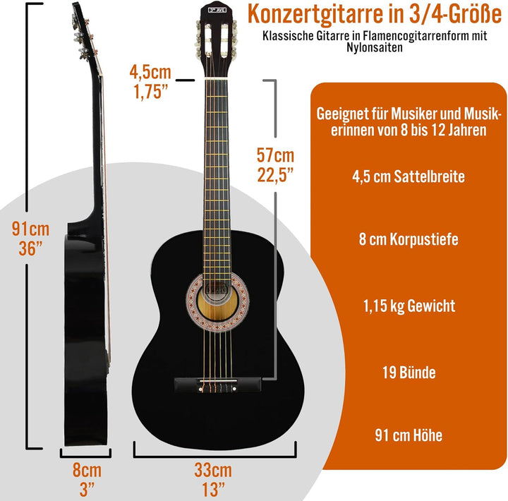 3rd Avenue 3/4 Flamencogitarren-Starterset in Kindergrösse mit Nylonsaiten – mit Tasche, Saiten – in