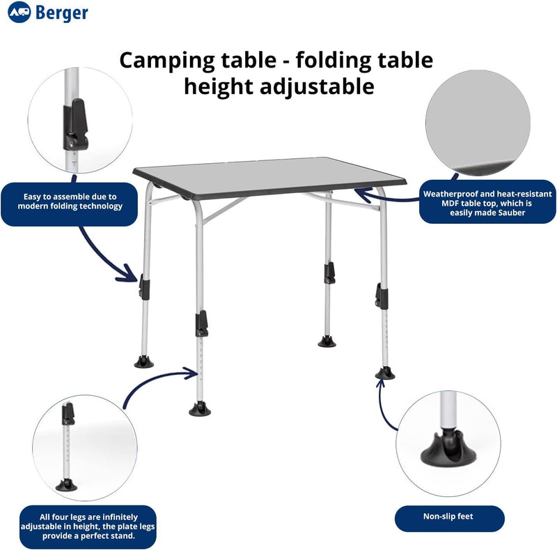 BERGER Ivalo 1 Campingtisch - Klapptisch Höhenverstellbar 80 x 60 cm Alu Campingtisch Klappbar Campi