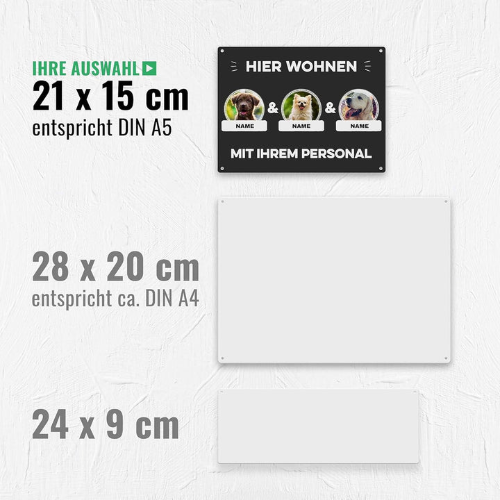 Hunde Schild personalisiert - Hier wohnt mit Personal - Metallschild mit Foto und Name für aussen, w