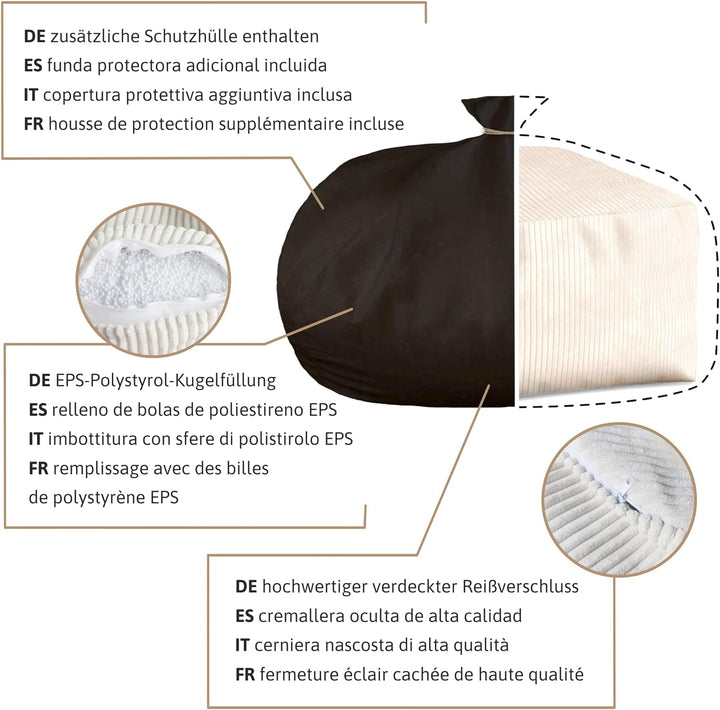 DreamRoots Pouf Hocker Comfort 70x70x40cm - Couch Hocker - Pouf Cord - Hocker Wohnzimmer - Fusshocke