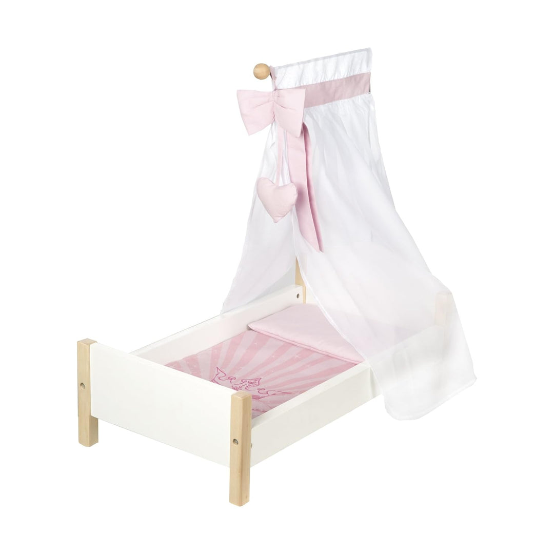 roba Puppenbett aus Puppenmöbel Serie „Scarlett“, Puppenzubehör weiss lackiert, inkl. textiler Ausst