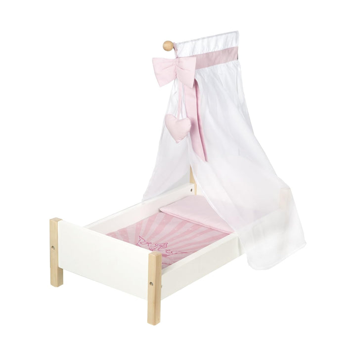 roba Puppenbett aus Puppenmöbel Serie „Scarlett“, Puppenzubehör weiss lackiert, inkl. textiler Ausst