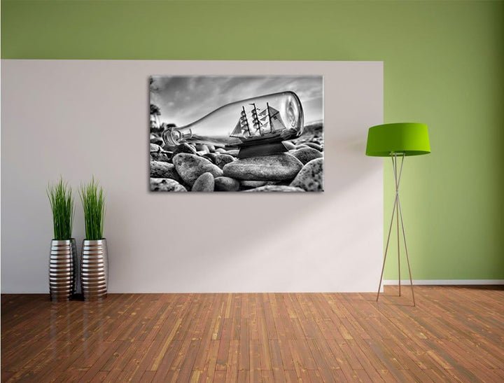 Pixxprint Flasche mit Schiff / 120x80cm Leinwandbild bespannt auf Holzrahmen/Wandbild Kunstdruck Dek