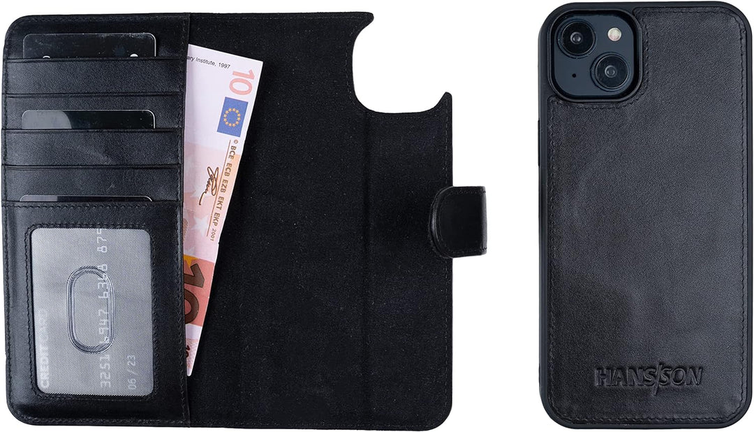 HANS/SON Echtlederhülle für iPhone 14 Plus | 6,7 Zoll | 2 in 1 Ledercase mit Kartenfächern | Schwarz