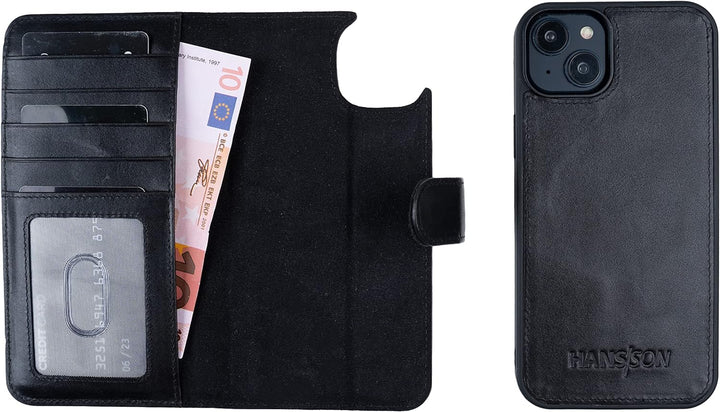 HANS/SON Echtlederhülle für iPhone 14 Plus | 6,7 Zoll | 2 in 1 Ledercase mit Kartenfächern | Schwarz