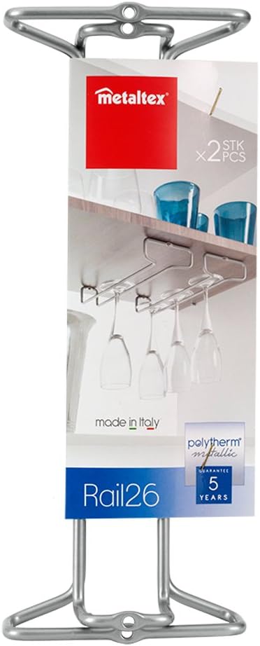 Metaltex 364922039 Rail Weinglashalter 2er Set Polytherm, Beschichtung, grau, 26 x 11 x 4 cm Klein,