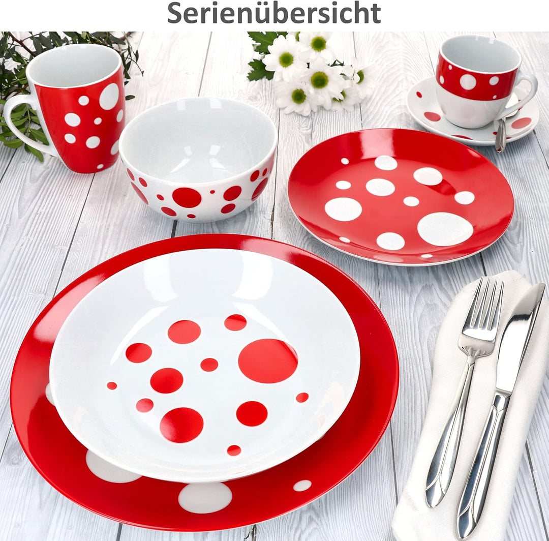 MamboCat Pula rot 6er Set Suppenteller I 450ml I weisses Porzellan-Geschirr mit Punkten für 6 Person