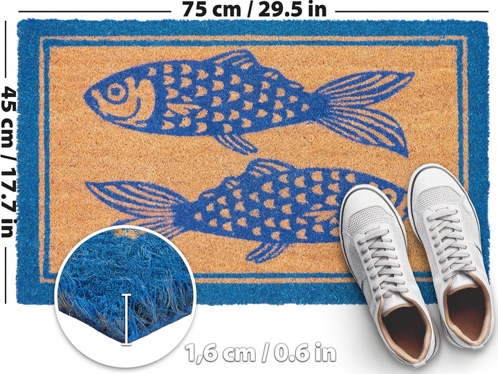 BRUBAKER Fussmatte für Aussen und Innen - Fische Blau - 45 x 75 cm Schmutzfangmatte aus 100% Kokos -