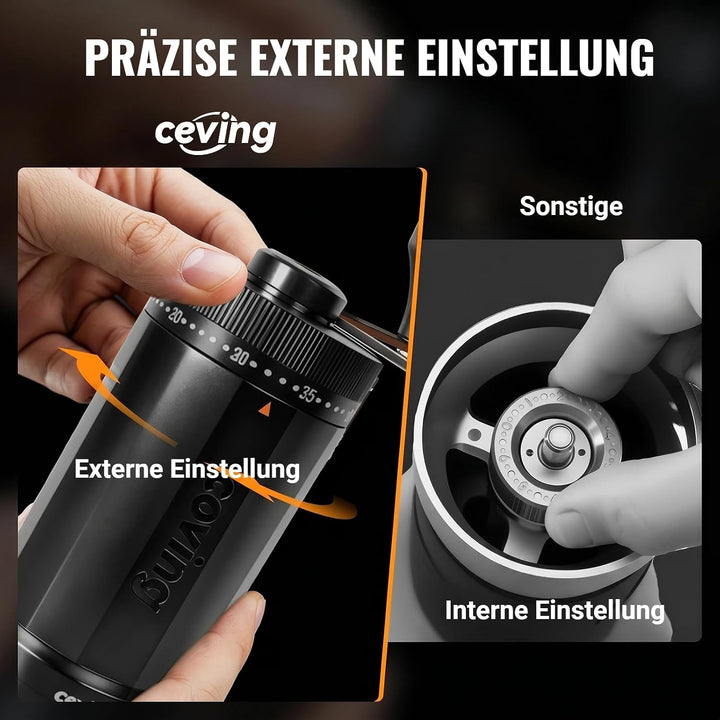 CEVING weltweit erste manuelle Kaffeemühle mit 60g Fassungsvermögen schwarz | Tragbare Handkaffeemüh