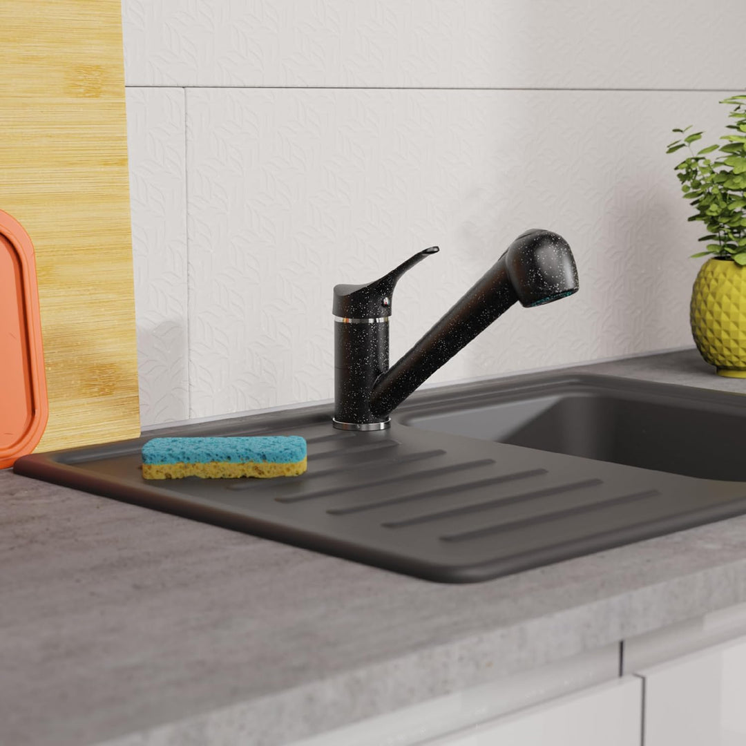 EISL Spültischarmatur Niederdruck GRANIT mit Geschirrbrause, 90° schwenkbare Küchenarmatur schwarz,