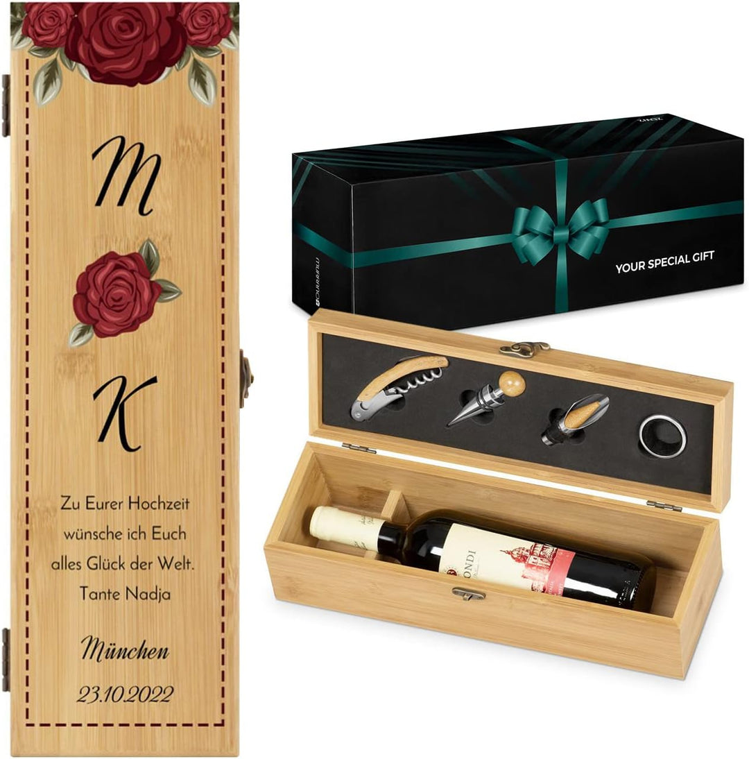 Maverton Weinbox für 0,7L Weinflasche - Wein Holzbox personalisiert + 4er Weinzubehör - Weinset Wein