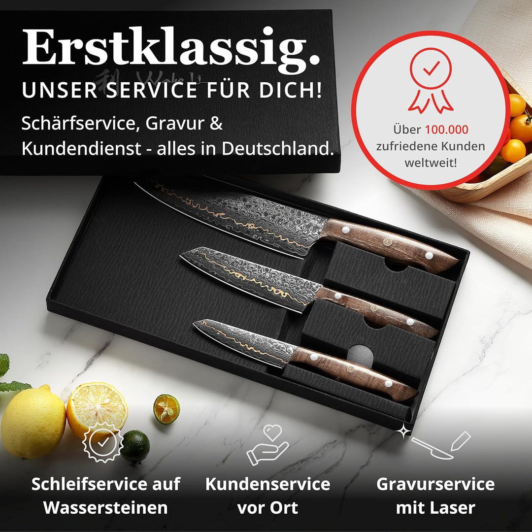 Wakoli Kawa 3er Damastmesser Set aus 67 Lagen Damaststahl mit VG-10 Kern, Kupfereinlage und Ahornwur