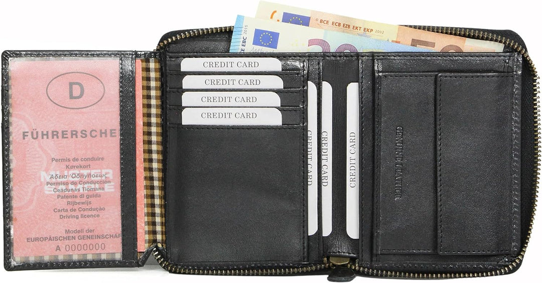 ALMADIH Leder Portemonnaie RFID Schutz Hochformat mit Reissverschluss 13 Kartenfächer Rindsleder mit