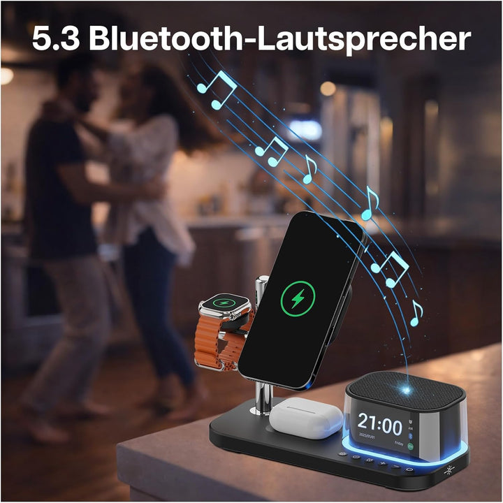 Kabellose Ladestation 5-in-1 mit Wecker, Bluetooth-Lautsprecher & LED-Nachtlicht für MagSafe von MMO