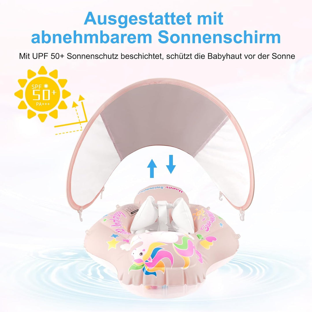 Schwimmring Baby mit Abnehmbarem Sonnendach, mit UPF50+ UV-Schutz, Aufblasbare Swim Float, Verstellb