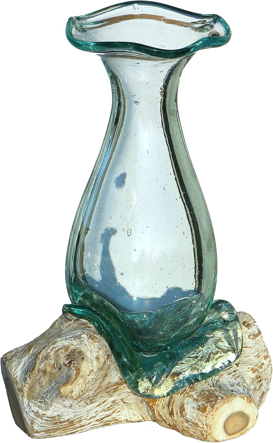 Wogeka - White Line Collection - 25 cm weisse Glas-Vase Athena auf Wurzel-Holz als Maritime Mediterr