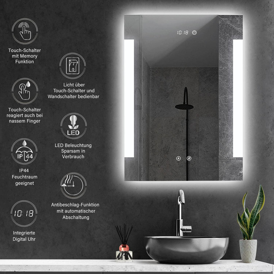 HOKO® LED Bad Spiegel beleuchtet mit Digital Uhr und ANTIBESCHLAG SPIEGELHEIZUNG, Fulda 50x70cm, Bad