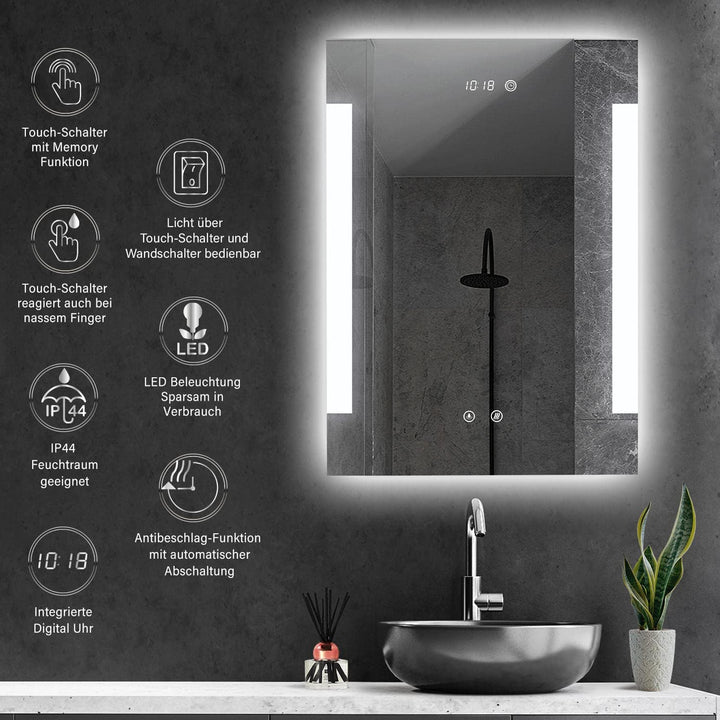 HOKO® LED Bad Spiegel beleuchtet mit Digital Uhr und ANTIBESCHLAG SPIEGELHEIZUNG, Fulda 50x70cm, Bad