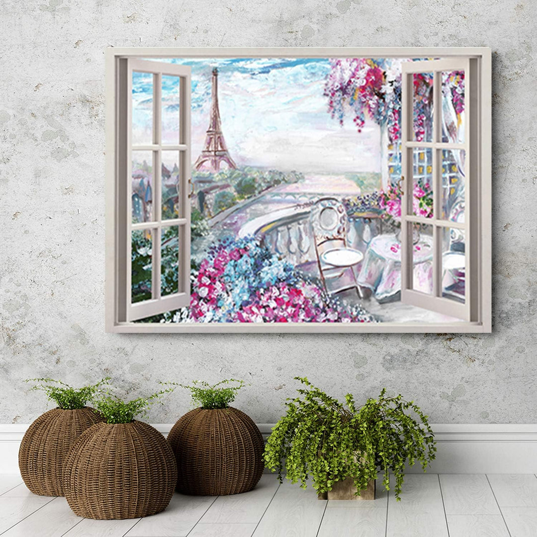 Leinwandbild XXL Paris Wandbild Kunst Fenster-Illusion Rosa 120x80 cm Leinwandbild 120x80 cm Rosa_b,