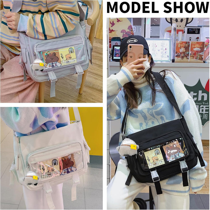 Modische Umhängetasche mit niedlichen Accessoires Casual Nylon Messenger Bag Leichte Handtasche und
