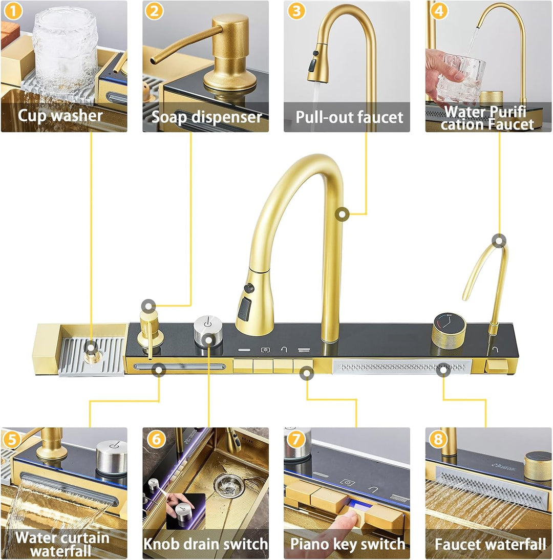 Multifunktionale Digitale Küchenspüle, Wasserfallspüle aus Edelstahl 304, mit 5 Wasserauslassmodi, W