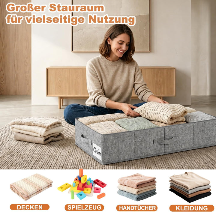 Unterbett Aufbewahrungsbox 17cm mit Deckel, 3 Stück Faltbar 50L Unterbettkommode, Waschbar Kleiderau
