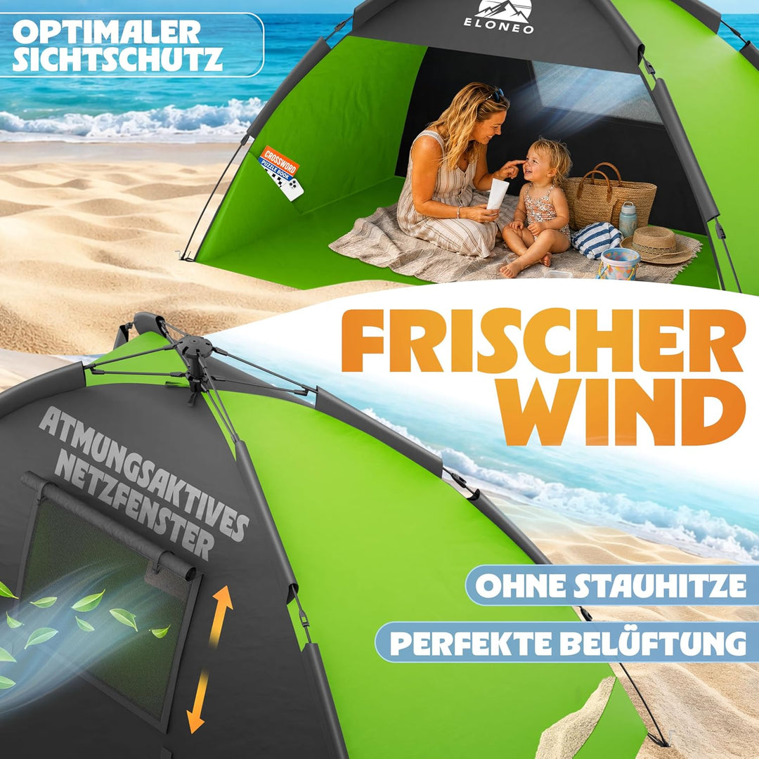 ELONEO Pop Up Strandmuschel UV Schutz 80+ | Strandzelt 190x100x110 cm | Leichter Aufbau und kleines