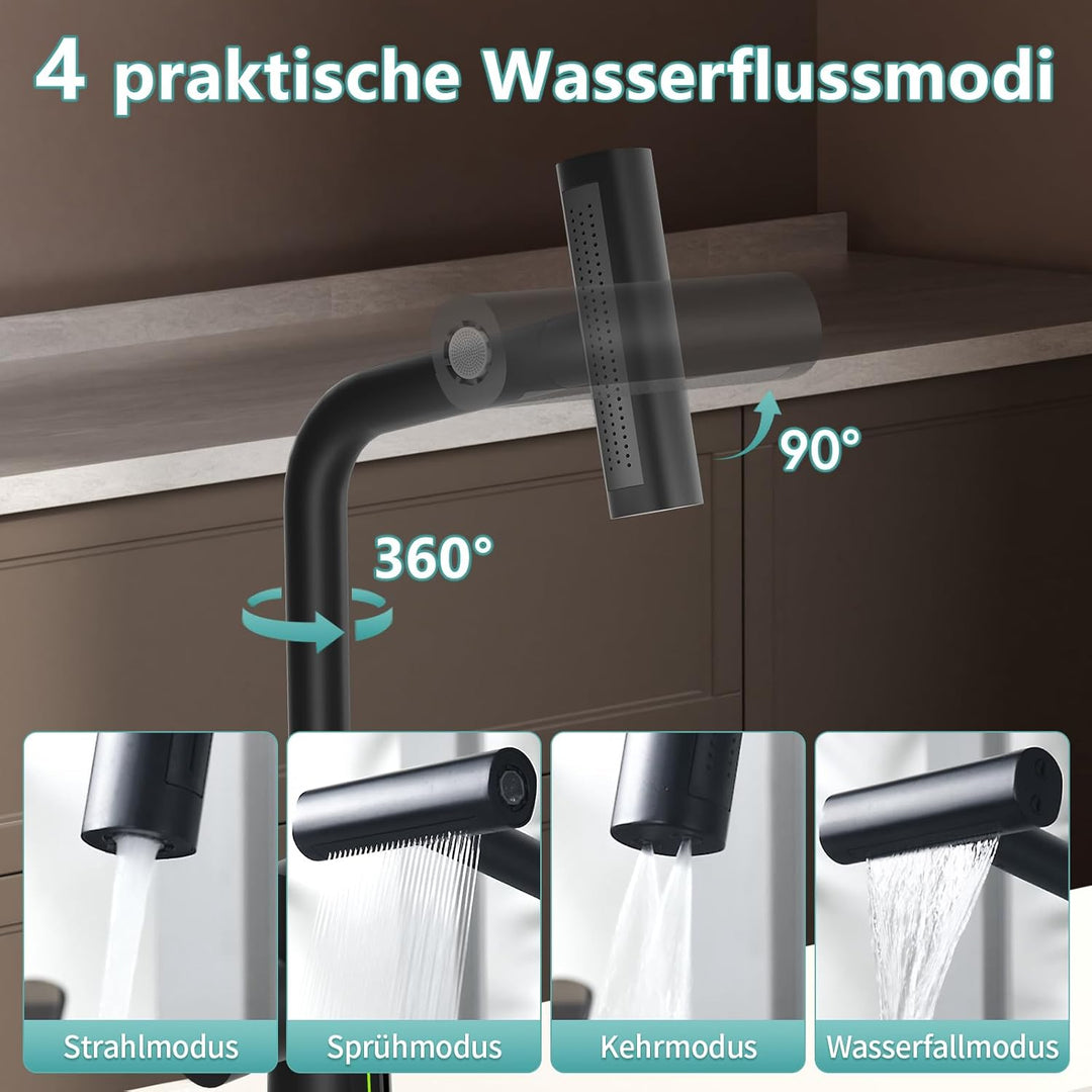MIAOHUI Küchenarmatur Ausziehbar mit Temperaturanzeige, Einhebel Mischbatterie Küche, 4 Modi Wasserh