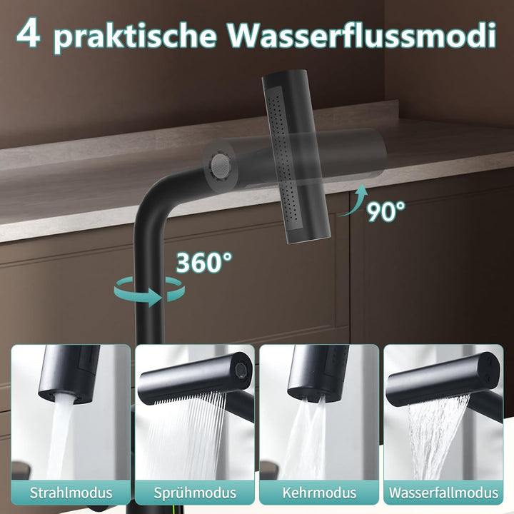 MIAOHUI Küchenarmatur Ausziehbar mit Temperaturanzeige, Einhebel Mischbatterie Küche, 4 Modi Wasserh