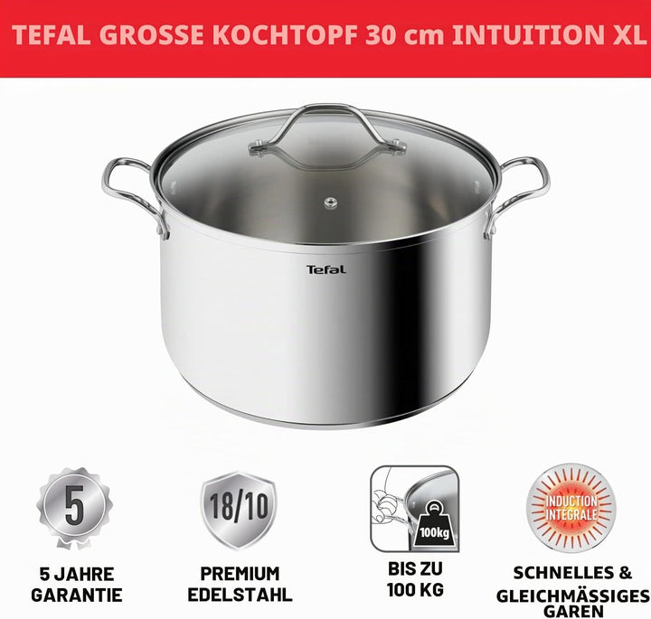 Tefal Intuition XL grosser Kochtopf, Edelstahl, 30 cm/10 l, Induktion, 5 Jahre Garantie, Edelstahl 1