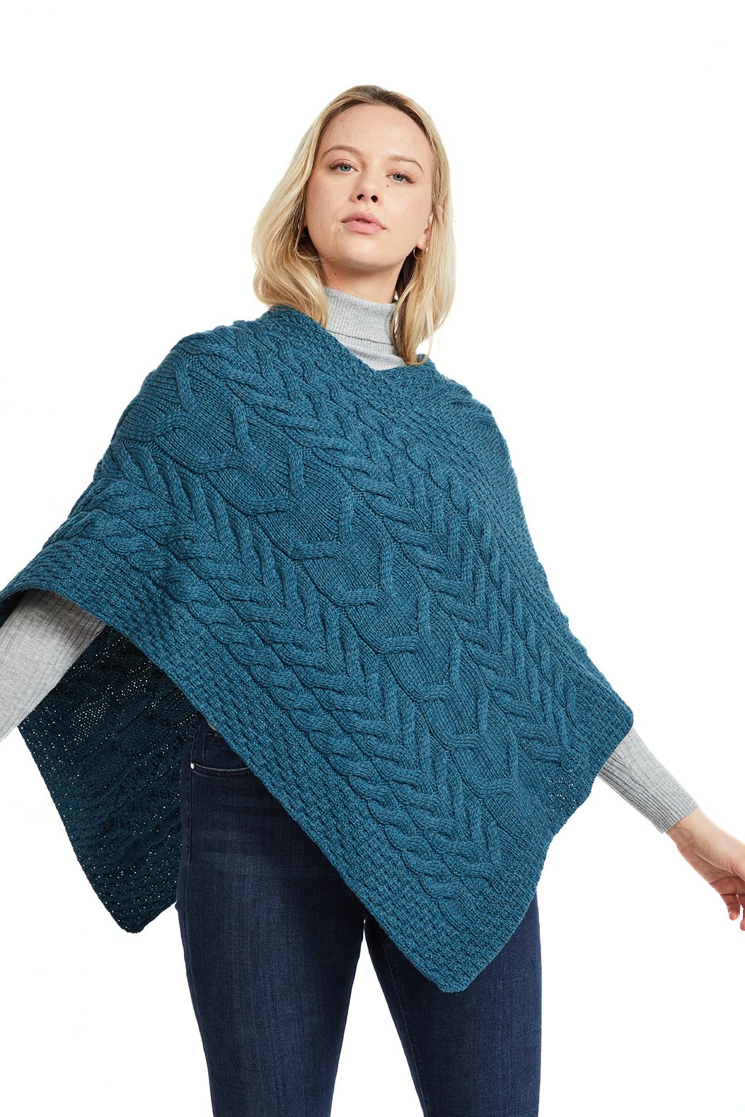 Aran Woollen Mills Superweicher Stilvoll Poncho aus 100% Merinowolle Einheitsgrösse Blaugrün/ein Hau