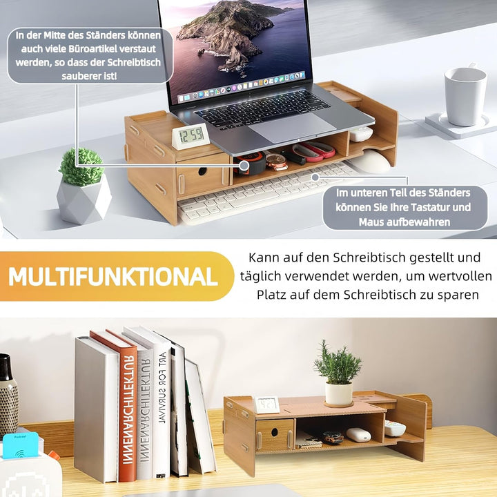 Monitorständer Holz, Unterbau Bildschirm, Multifunktionaler Bildschirmerhöhung, Büro Schreibtisch Or