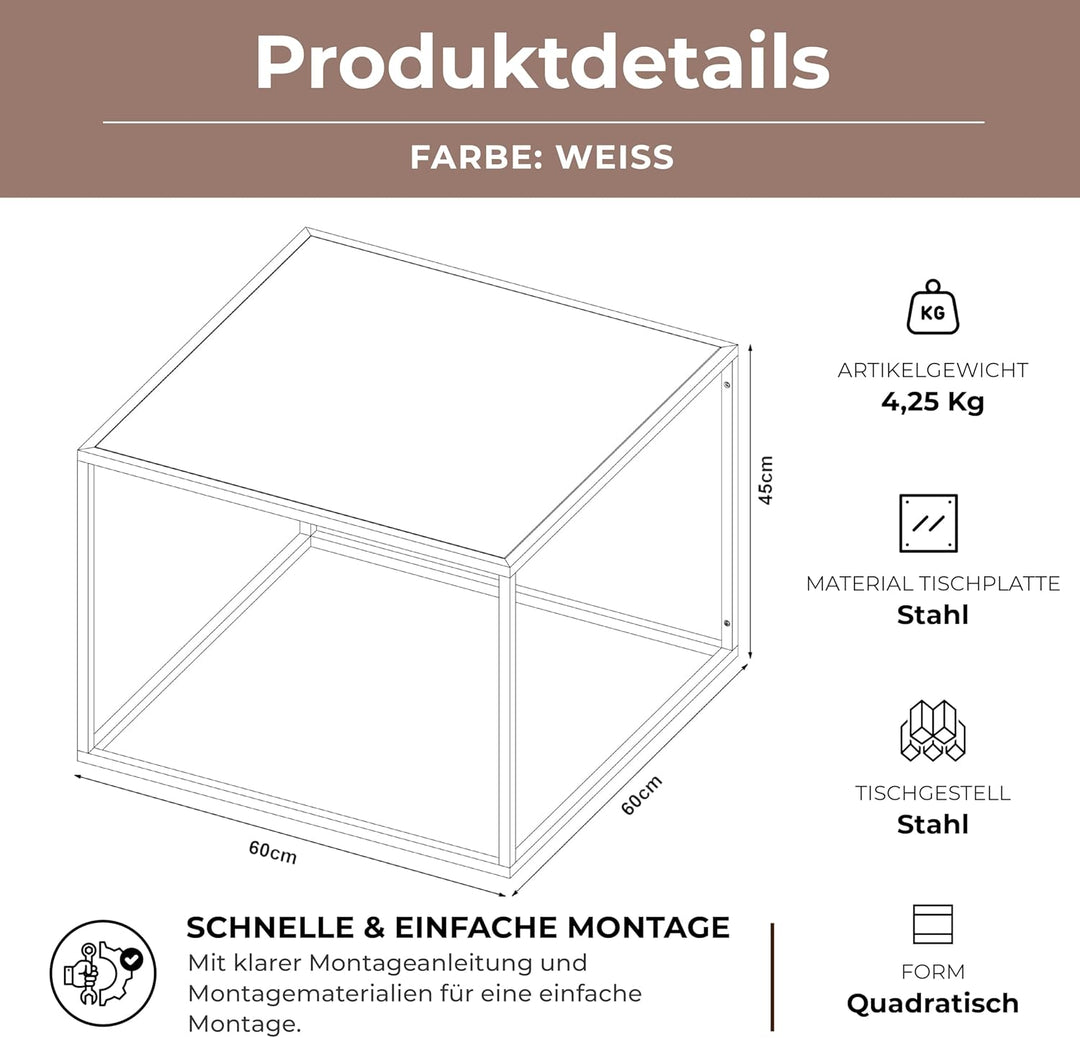 [en.casa] Couchtisch Solund Beistelltisch Metall Weiss matt Wohnzimmertisch mit Stauraum 60 x 60 x 4
