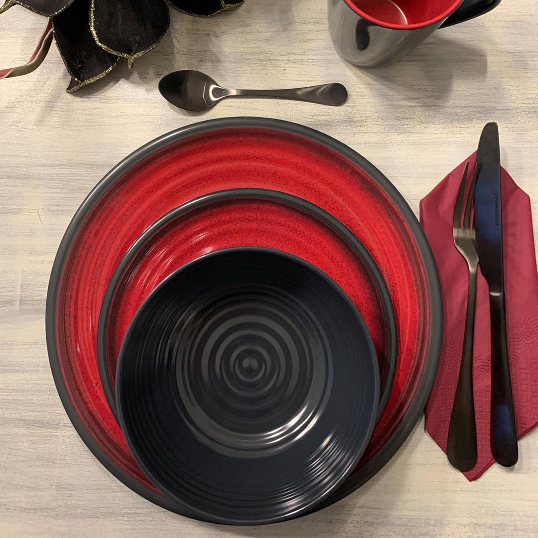 Melamin Geschirr Set Rot Schwarz für 4 Personen Tonoptik - Essgeschirr - Campinggeschirr Picknick id