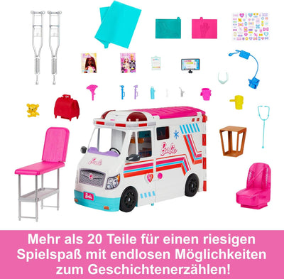 Barbie 2-in-1-Krankenwagen Spielset, Rettungswagen mit Lichtern und Geräuschen, umwandelbar in Pfleg