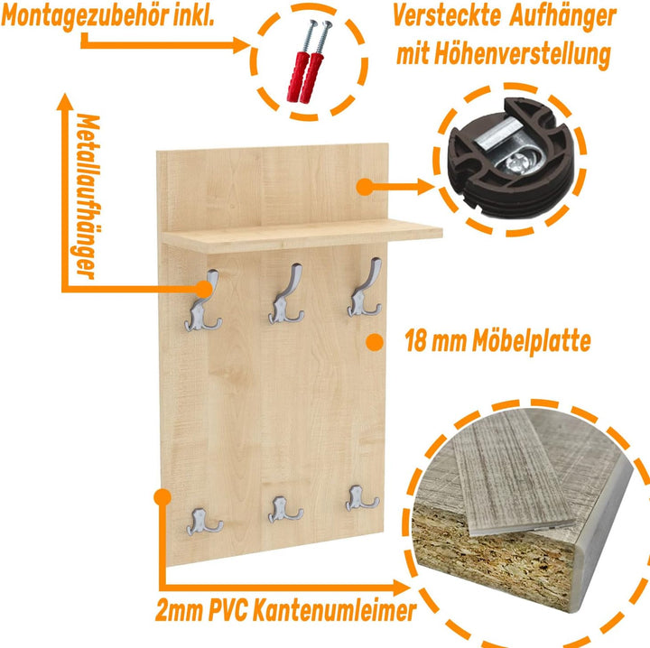 80x50 | MEDI Garderobenpaneel Wandgarderobe Garderobe Wandpaneel Kleiderstange ALUMINIUM | AHORN 80x
