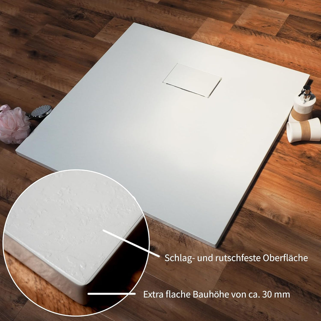 WITEN&amp;NOCK Duschwanne 80x90 cm SMC Brausewanne Weiss Steinoptik Antirutsch Duschtasse Höhe 3,2 cm Ni