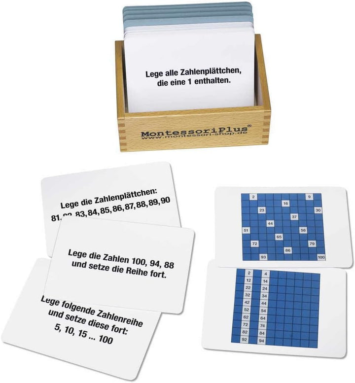 Hunderterbrett mit Arbeitskartei, 100 Auftragskarten - Montessori-Material Hundertertafel zum Zahlen