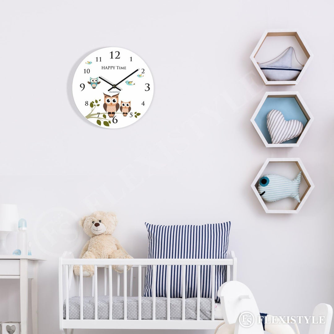 FLEXISTYLE Moderne Wanduhr für Kinder Eule 2 30cm, still, oval, Zimmer für Kinder, Schule, Kindergar