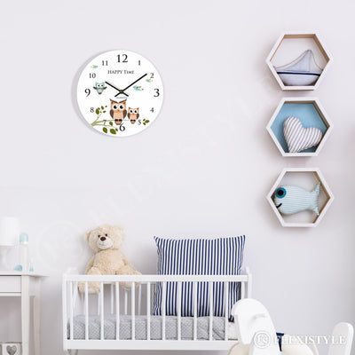 FLEXISTYLE Moderne Wanduhr für Kinder Eule 2 30cm, still, oval, Zimmer für Kinder, Schule, Kindergar