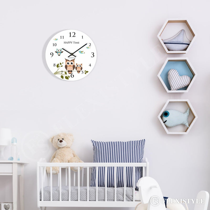 FLEXISTYLE Moderne Wanduhr für Kinder Eule 2 30cm, still, oval, Zimmer für Kinder, Schule, Kindergar
