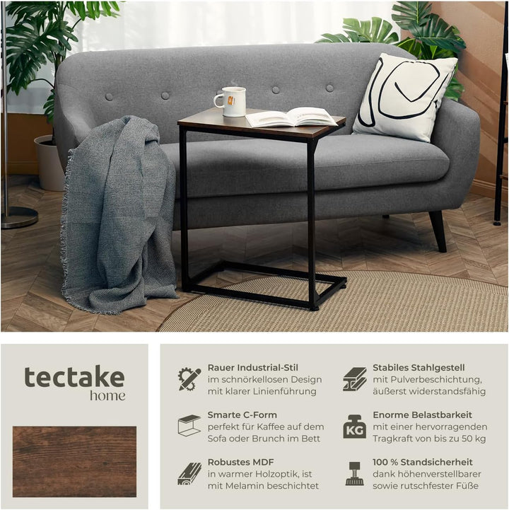 tectake® Beistelltisch Holz Metall, Wohnzimmertisch, Couchtisch C-Form, Laptoptisch für Couch, Bettt