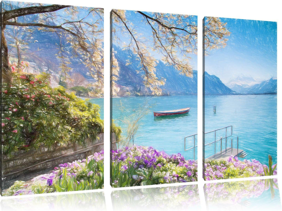 Pixxprint Genfer See im Sonnenschein als Leinwandbild/Grösse: 3 Teilig (120x80 cm) cm/Wandbild/Kunst